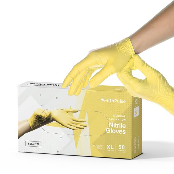 Fifthpulse FMN100, Nitrile Disposable Gloves, 3 mil Palm, Nitrile, Powder-Free, XL, 50 PK, Yellow FP-N-50-XL-YLW
